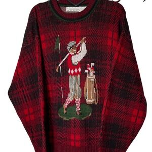 Crossings Christmas Men's Plaid Golf Fair‎ SweaterXLRed Black Green Knit Crew